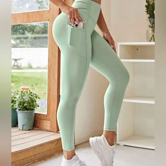 Wide Waistband Phone Pocket Side Sports Leggings - Picture 1 of 6